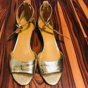 J crew  gold peep toe ankle strap wedge size 8